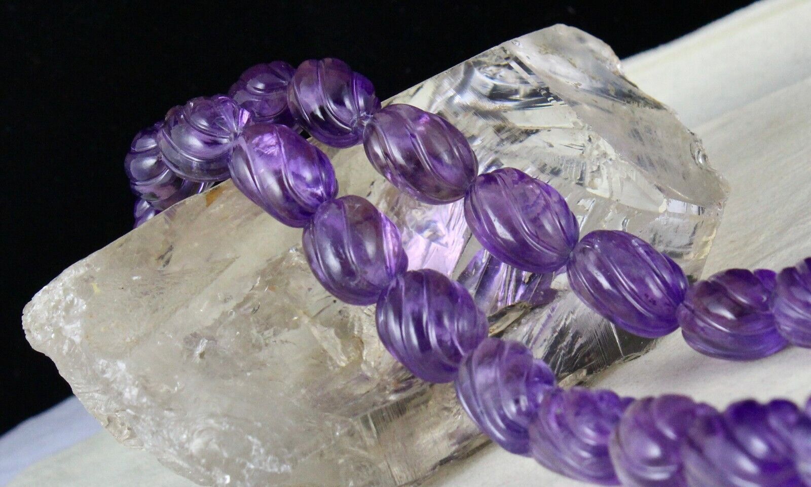 Natural Amethyst Beads Carved Oval Melon 737 Ct Gemstone Silver Vintage Necklace