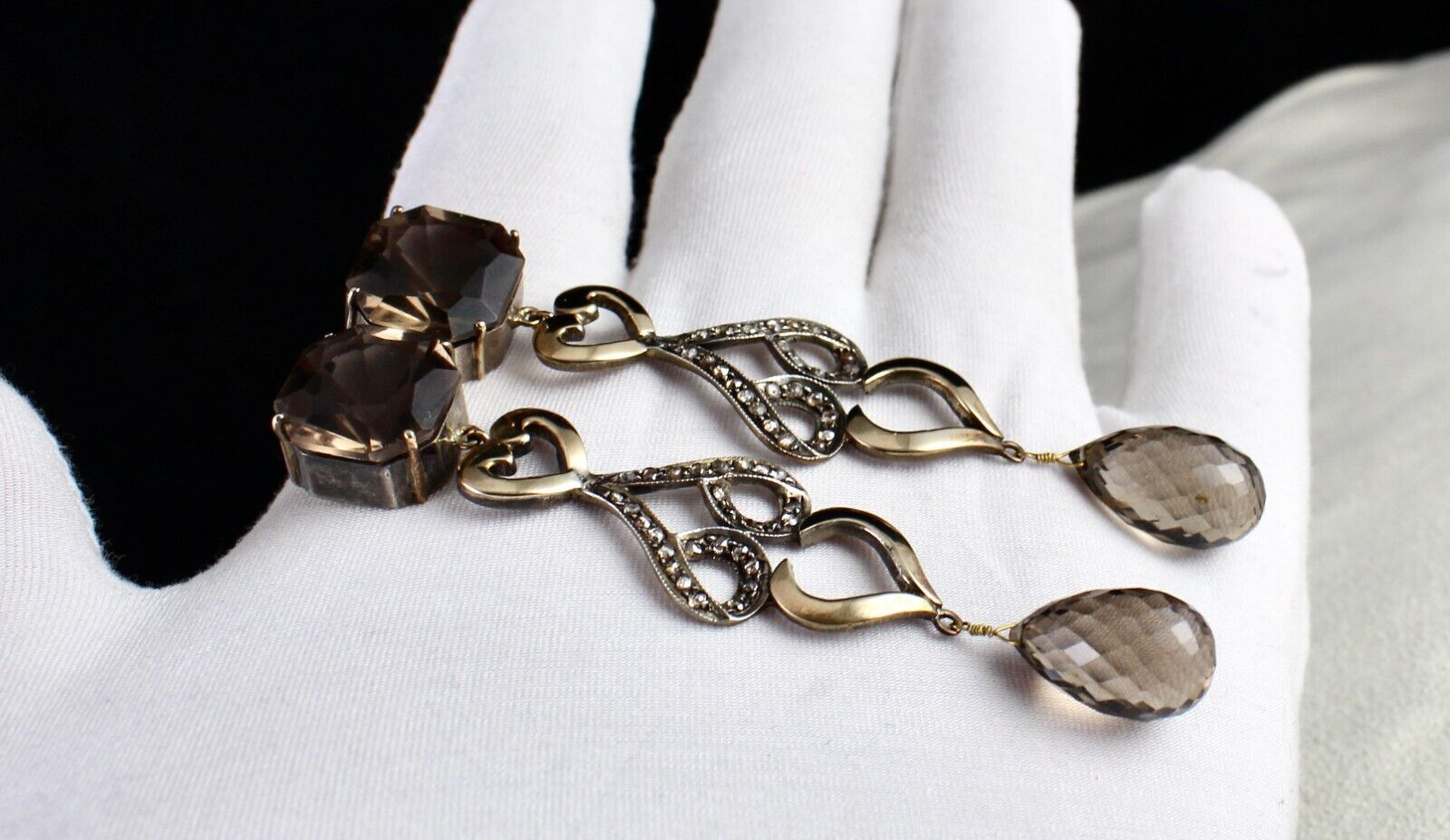 NATURAL SMOKY QUARTZ GEMSTONE DIAMOND 18K GOLD VICTORIAN SILVER DANGLE EARRING