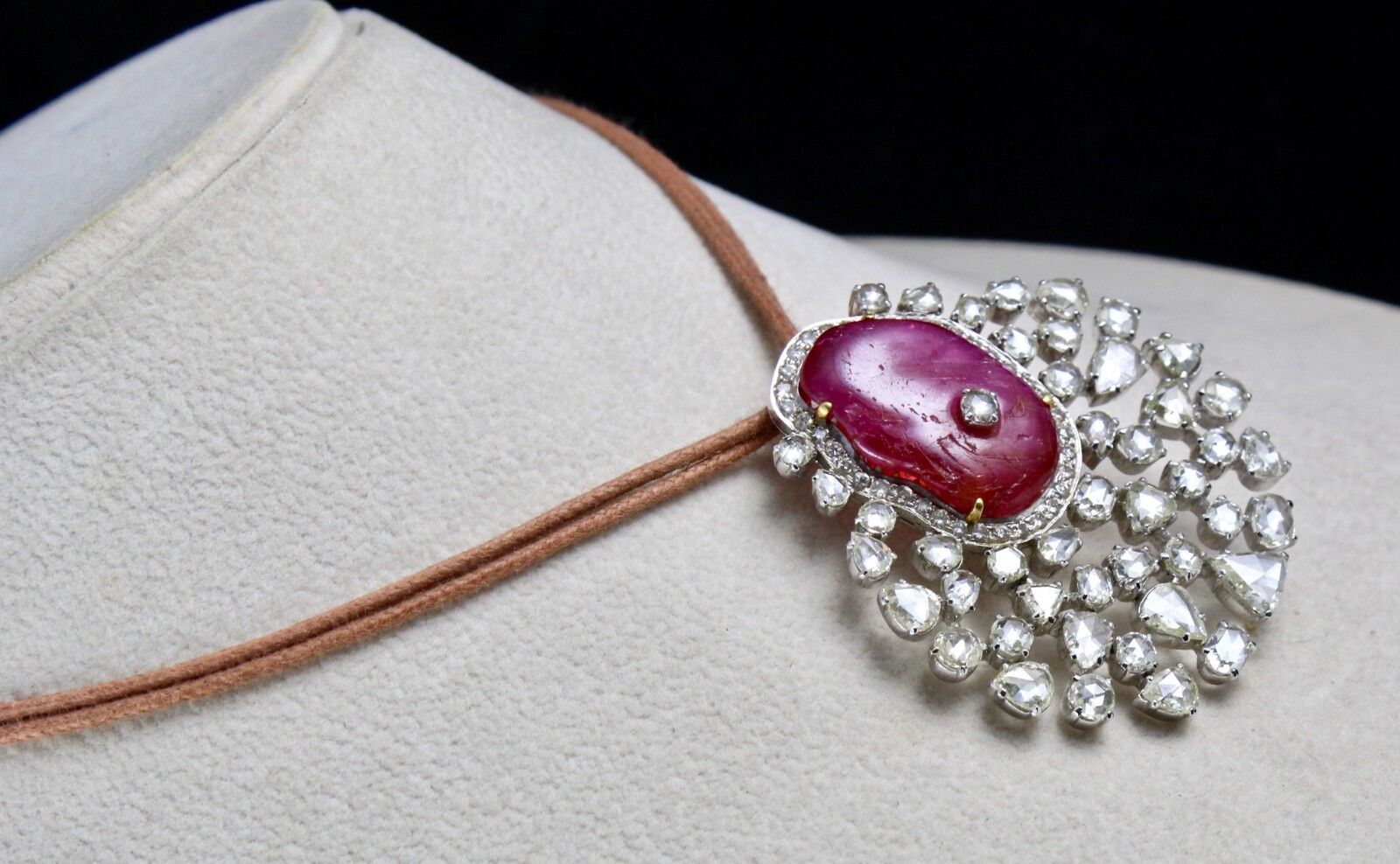 NATURAL NO HEAT BURMA RUBY CABOCHON ROSE CUT DIAMOND 18K GOLD PENDANT BROOCH