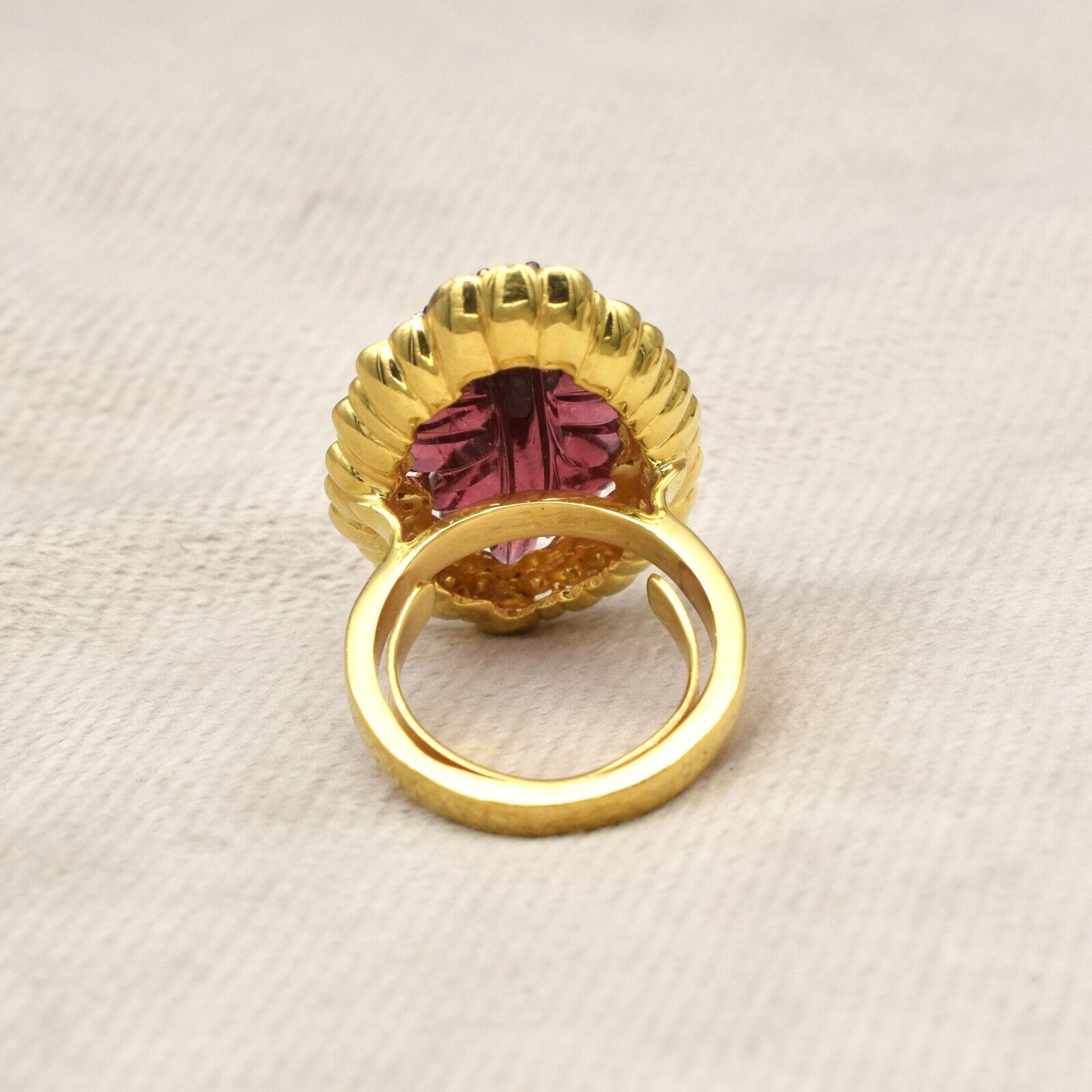 Fine Natural Pink Tourmaline Engraved Leaf Moissanite 925 Silver Statement Ring