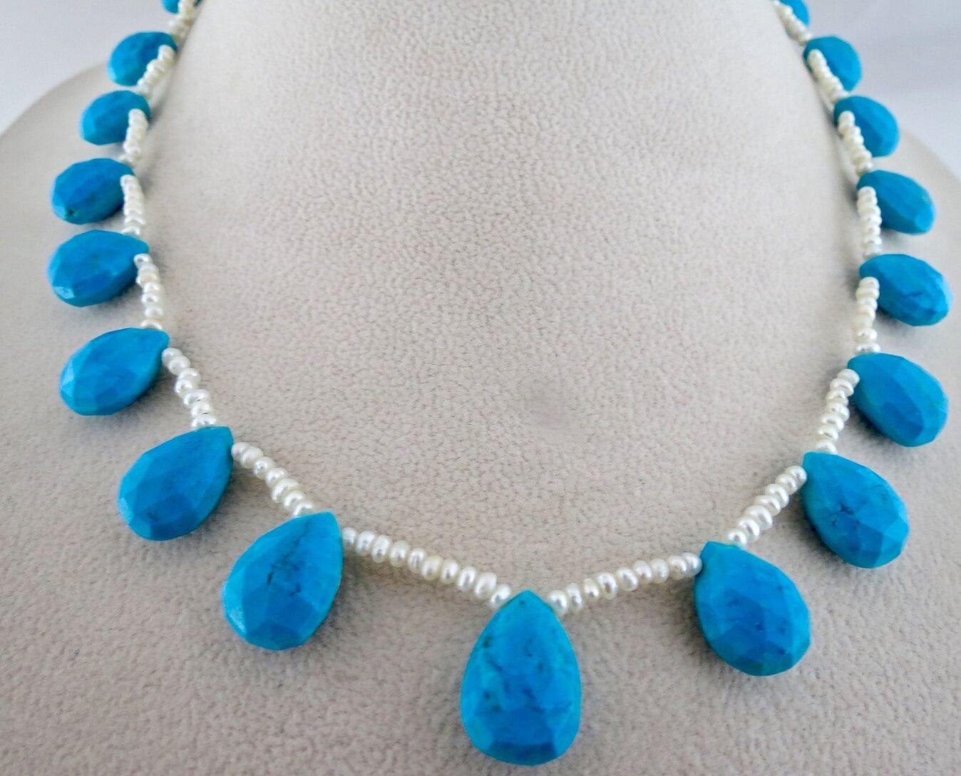 BLUE TURQUOISE MAGNESITE FACETED TEAR DROP BEADS 205 CTS PEARL SILVER NECKLACE