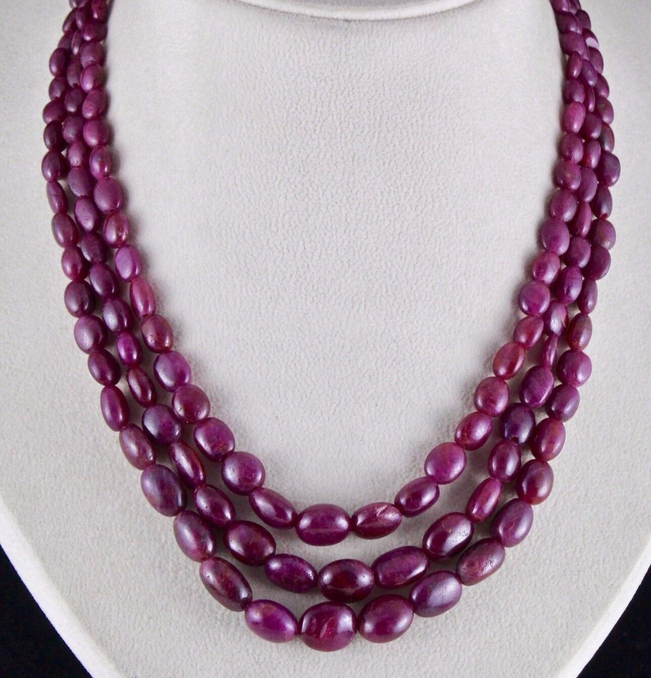 NATURAL UNTREATED RUBY BEADS LONG CABOCHON 3 LINE 568 CARATS GEMSTONE NECKLACE