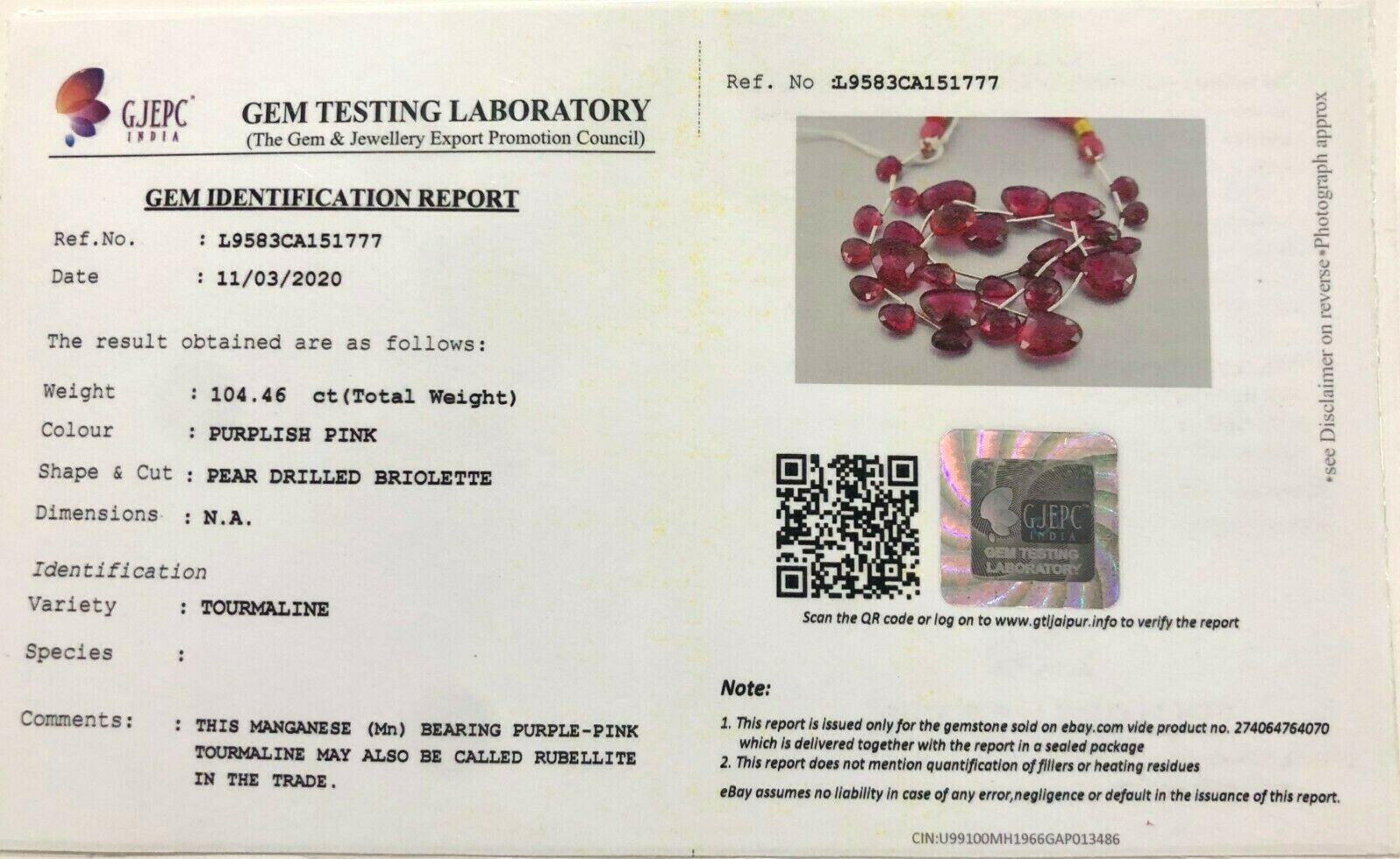 GTL CERTIFIED NATURAL PINK TOURMALINE RUBELLITE DROPS 97 CTS GEMSTONE NECKLACE