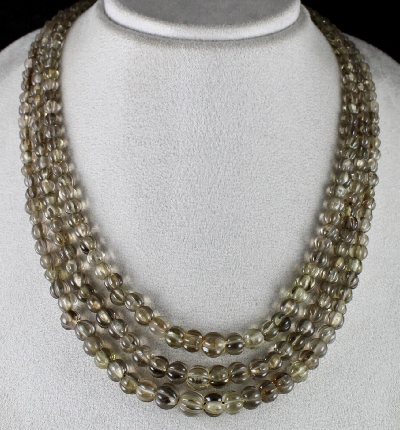 Natural Smoky Quartz Beads Carved Melon 3 L 485 Carats Antique Gemstone Necklace