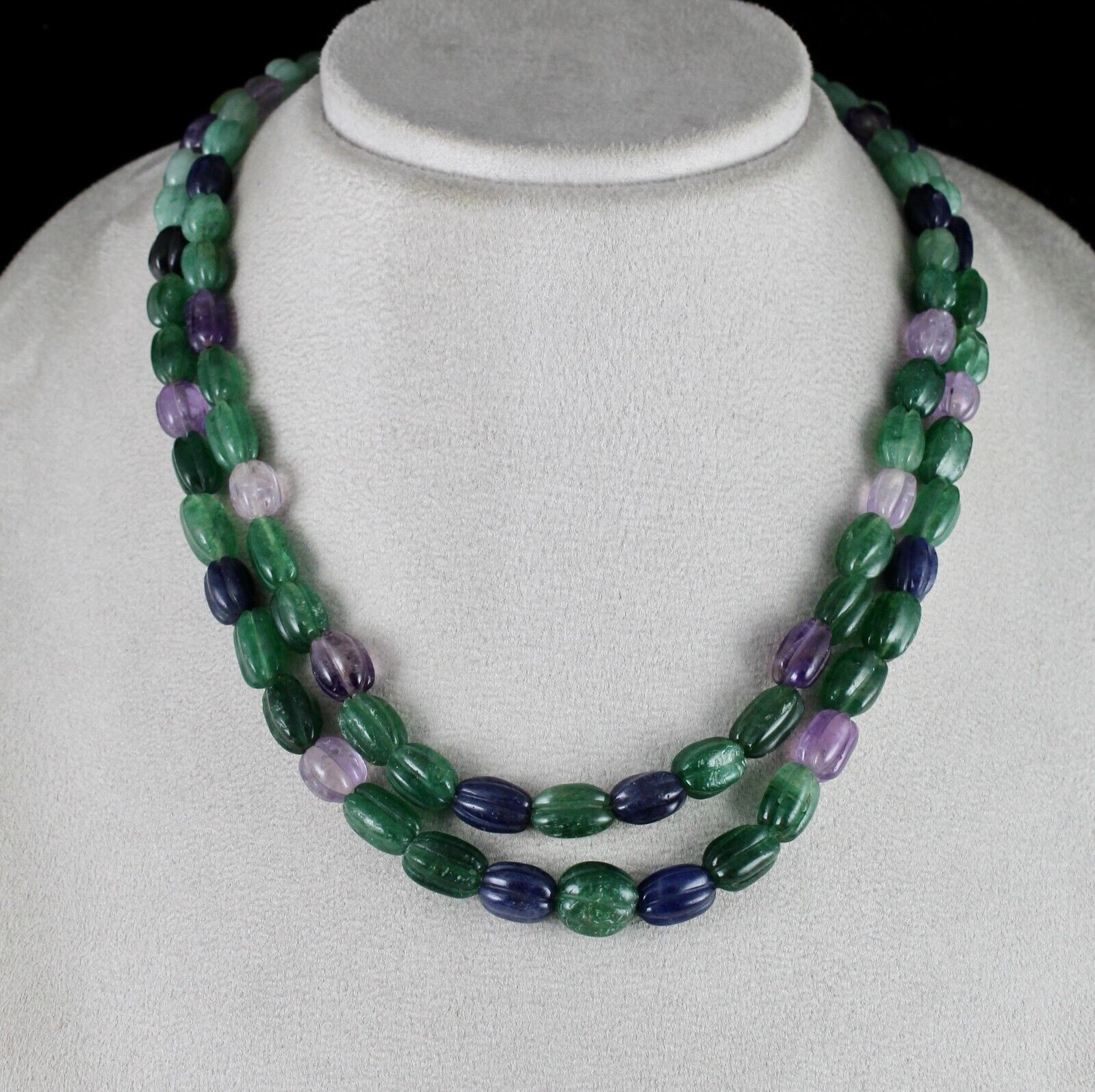 MULTI MIX CARVED SEMI-PRECIOUS BEADS 2 LINE 397 CARATS GEMSTONE FASHION NECKLACE