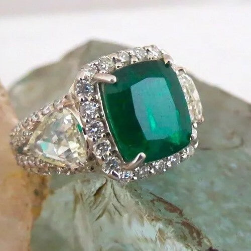 Certified Natural Zambia Emerald Cushion 4.87ct Natural Diamond 18k Gold Ring
