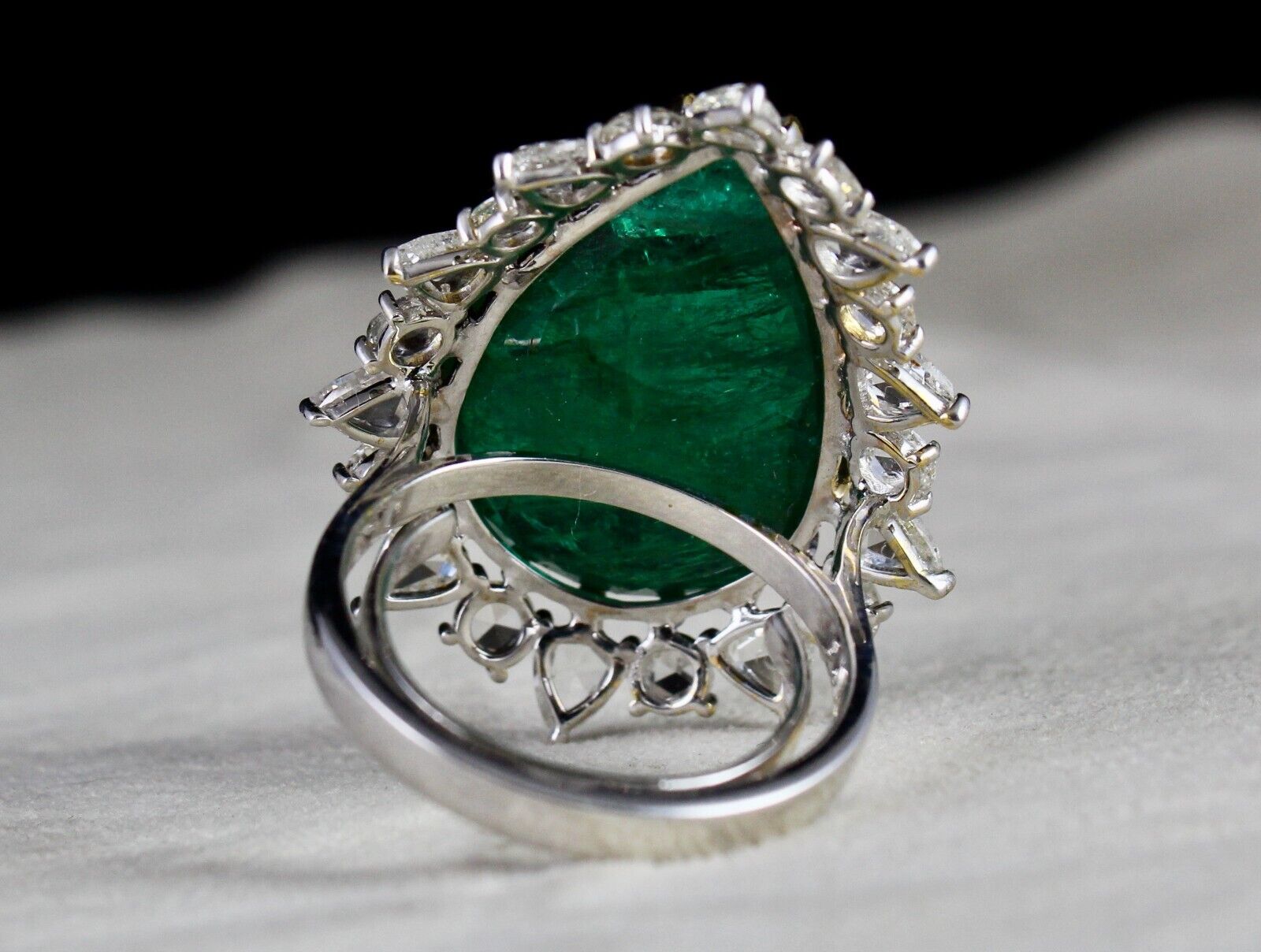Big Natural Zambia Emerald Pear Cut Rose Cut Diamond 18K Gold Cocktail Ring