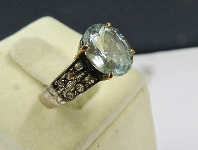 Aquamarine Blue Oval 24.21ct Natural Diamond 18k Gold Ring 925 Sterling Silver