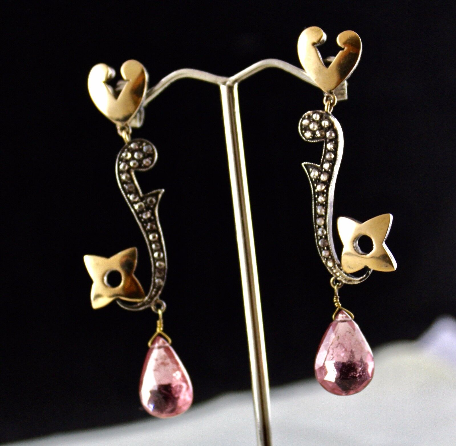 Natural Pink Tourmaline Pear Diamond 18K Gold 925 Silver Victorian Fine Earring