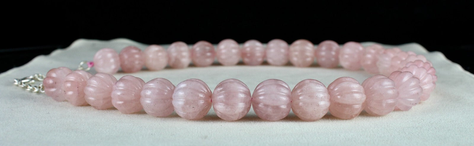 Natural Rose Quartz Melon Carved Beads Necklace 1185ct Gemstone Sterling Silver