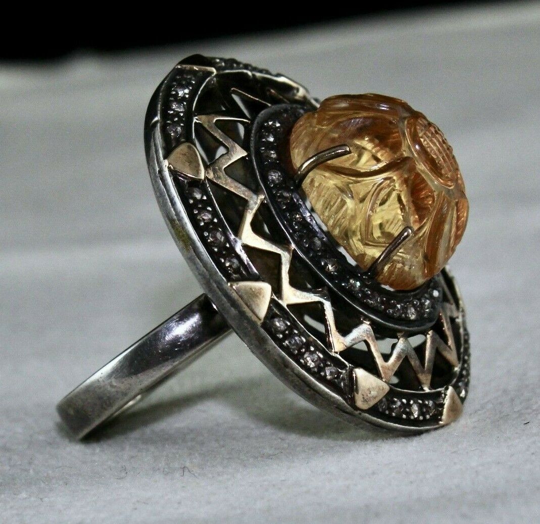 Antique Yellow Citrine Carved Diamond 18k Gold 925 Silver Ladies Victorian Ring