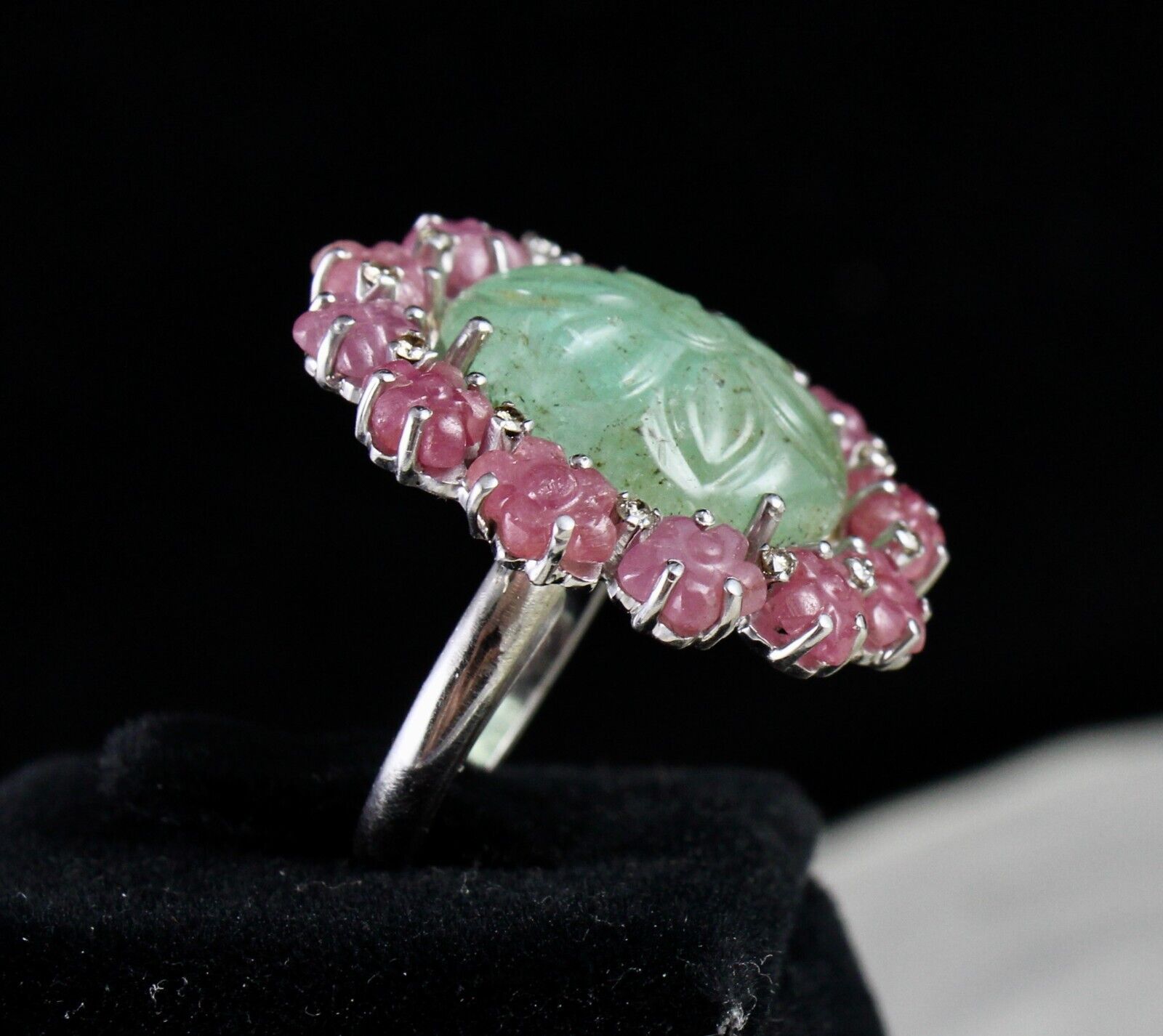 Antique Natural Emerald Ruby Carved Gemstone Diamond Silver Big Cocktail Ring