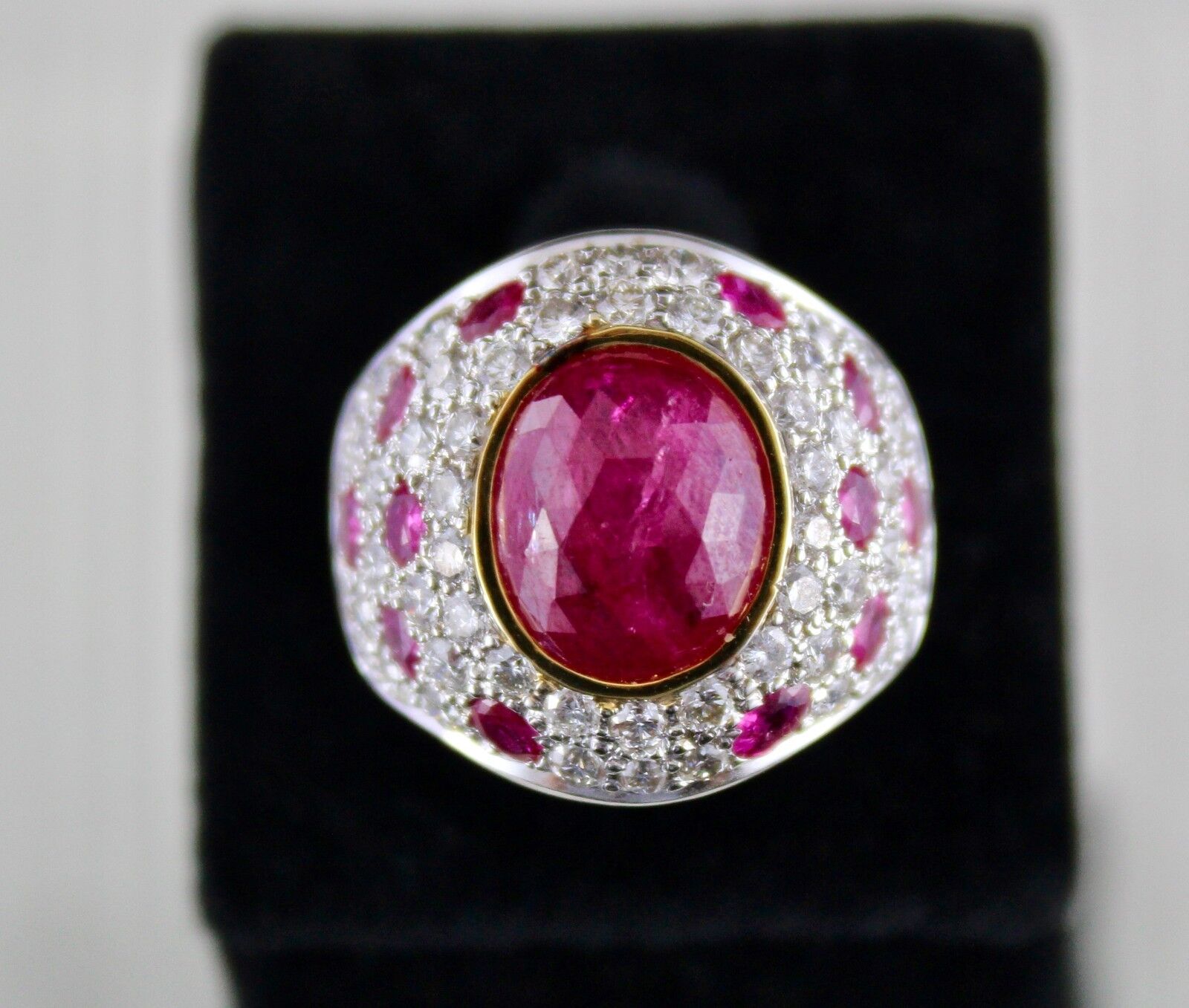 NATURAL NO HEAT BURMESE RUBY CABOCHON WHITE DIAMOND 18K GOLD COLLECTOR RING