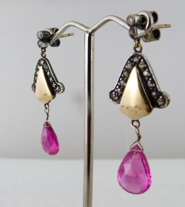 Silver Victorian Dangle Earring Studded Natural Pink Tourmaline Diamond 18k Gold