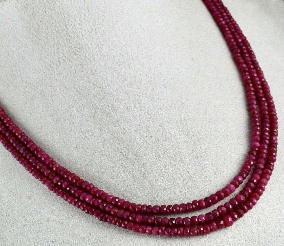 RUBY CORUNDUM BEADS LONG 3 LINE 272 CARATS OLD DYED GEMSTONE NECKLACE