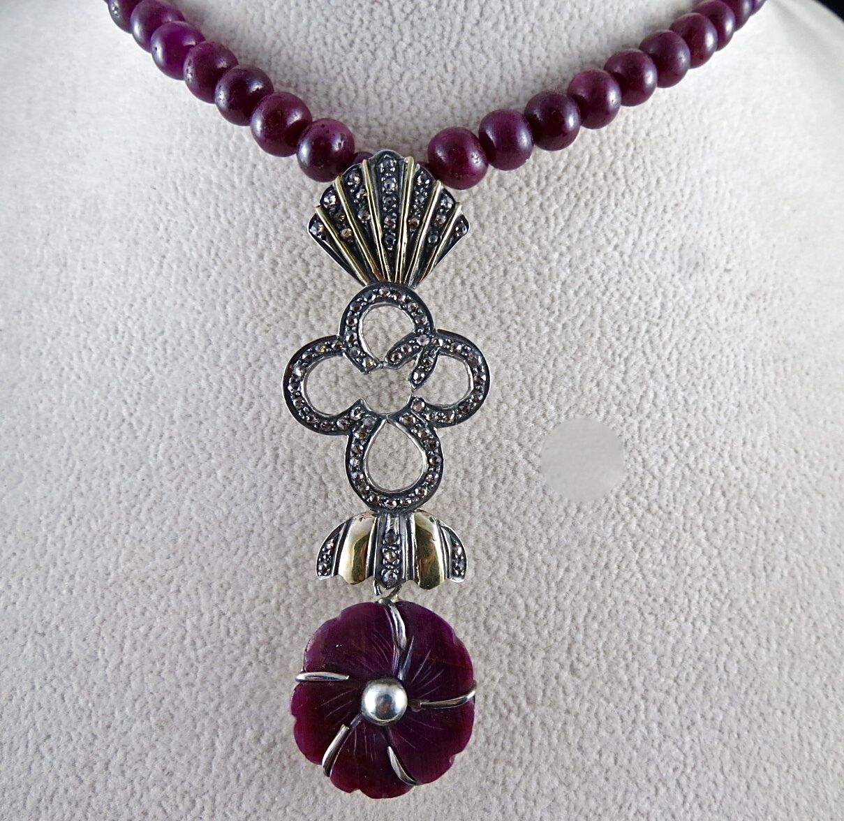 Vintage Natural Ruby Carved Diamond Gold Silver Victorian Pendant Earring Set