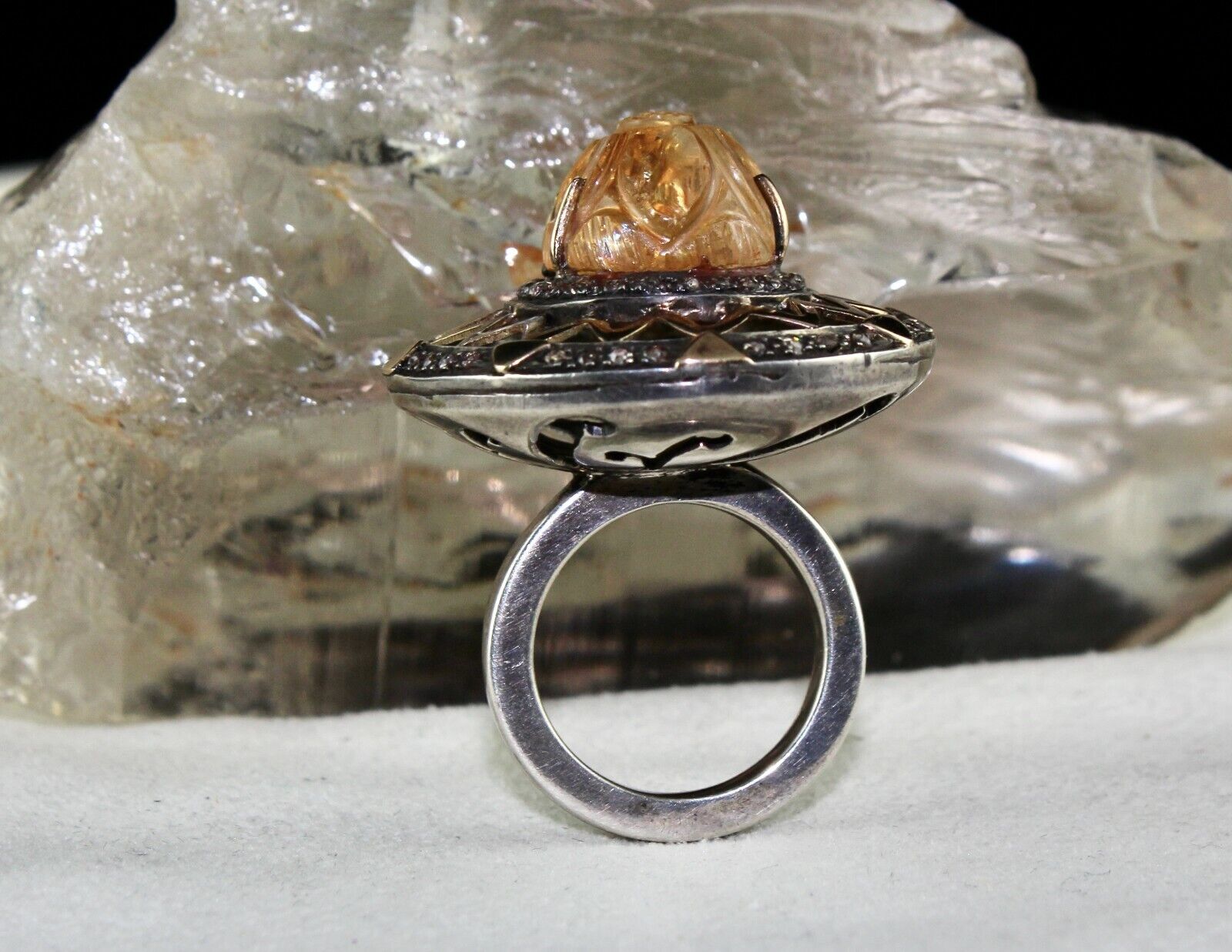 Antique Yellow Citrine Carved Diamond 18k Gold 925 Silver Ladies Victorian Ring