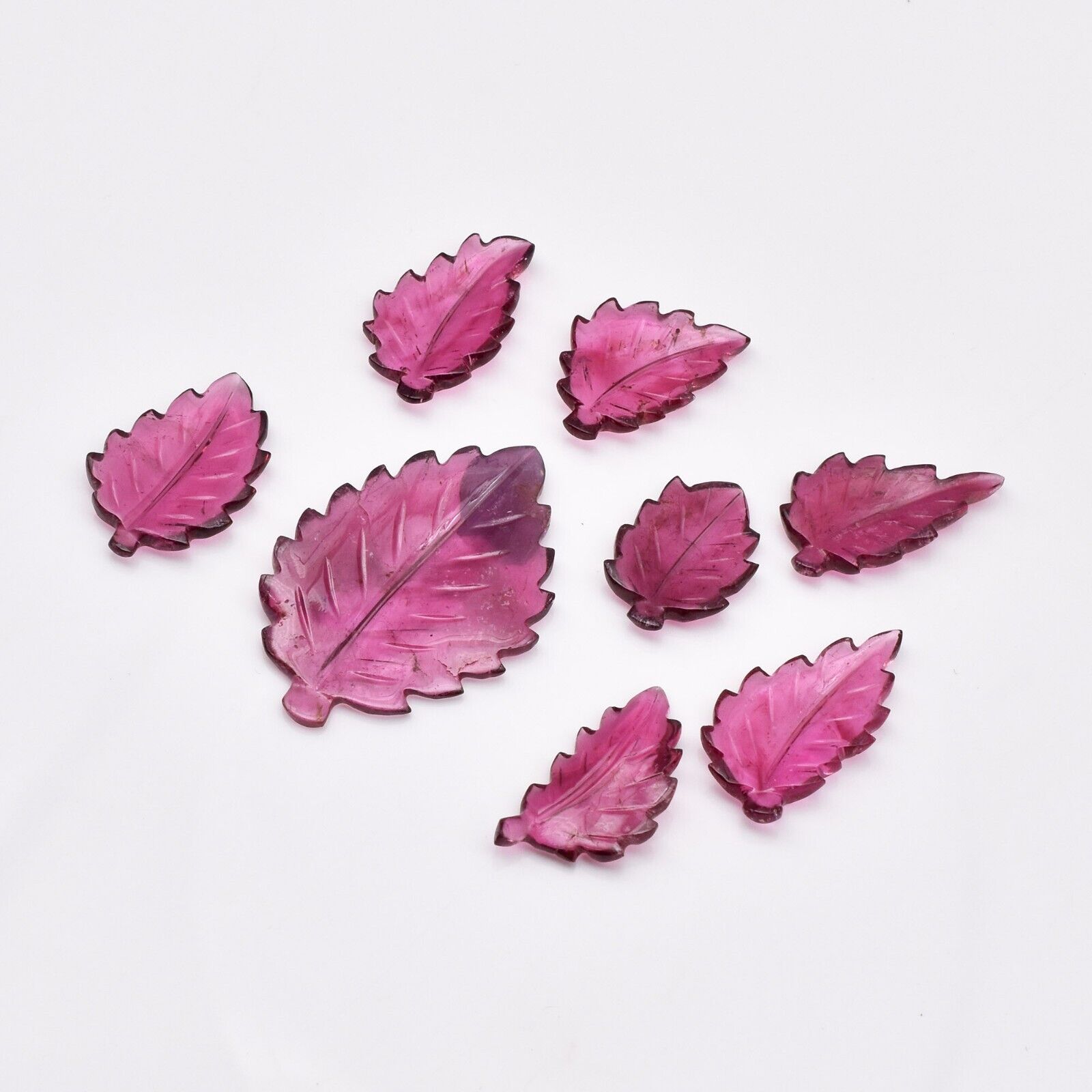Natural Pink Tourmaline Carved Leaf 7 Pc 29.78 Ct Gemstone Pendant Set Design