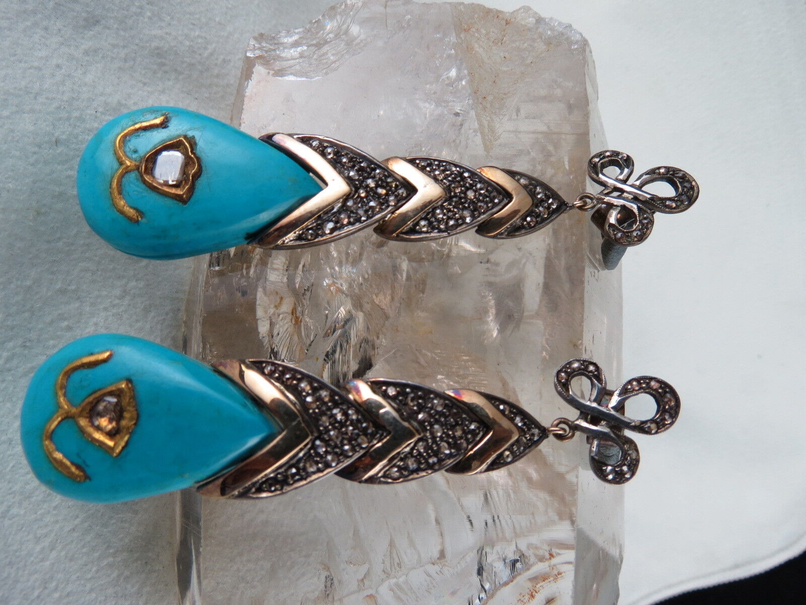 FINEST TURQUOISE DIAMOND 18K GOLD 925 SILVER JADAU GEMSTONE VICTORIAN EARRING