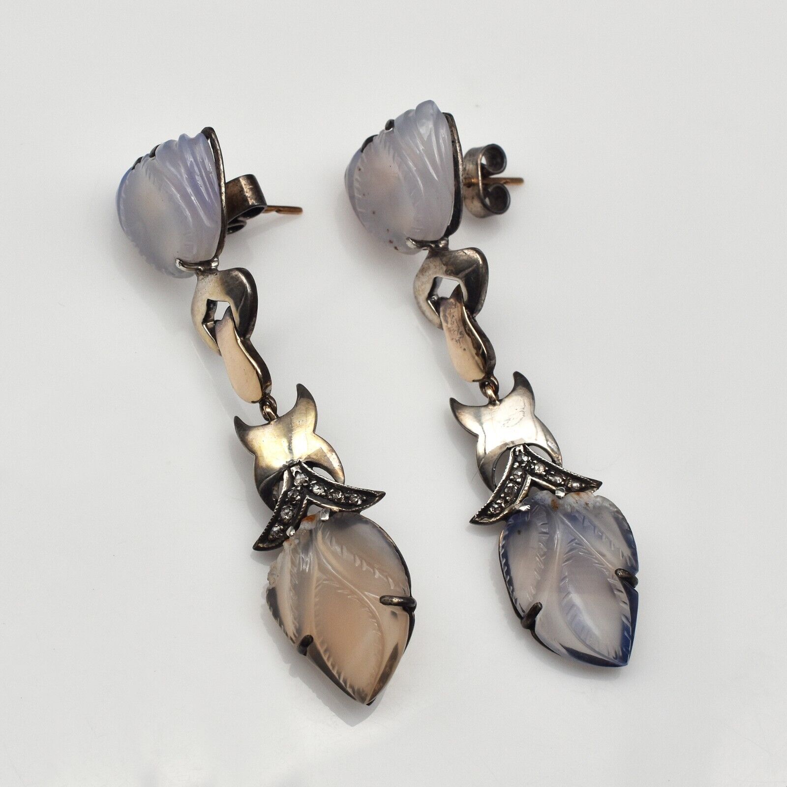 Vintage Blue Chalcedony Carved Diamond 18K Gold Silver Dangle Victorian Earring
