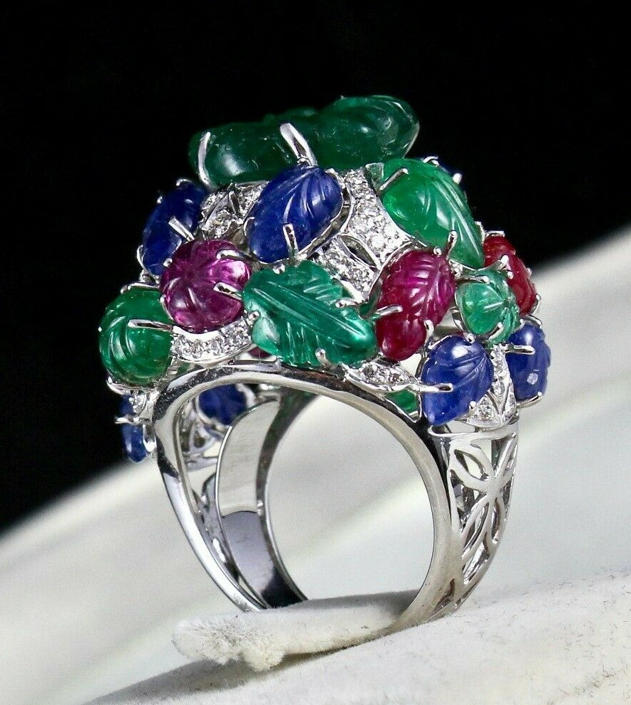 Certified Emerald Spinel Ruby 10ct Natural Diamond 18k Gold Tutti Frutti Ring