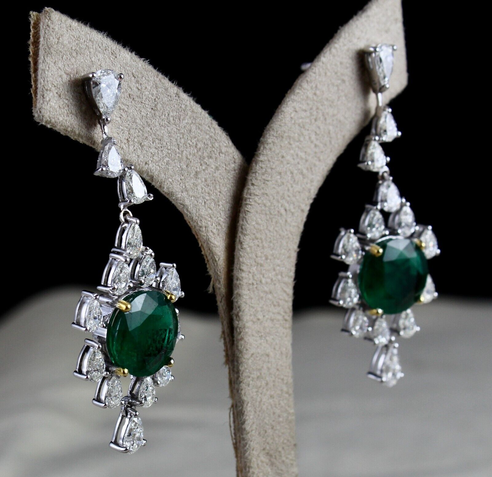 Natural Zambian Emerald Pair White Diamond Cut 18k Gold Dangle Important Earring