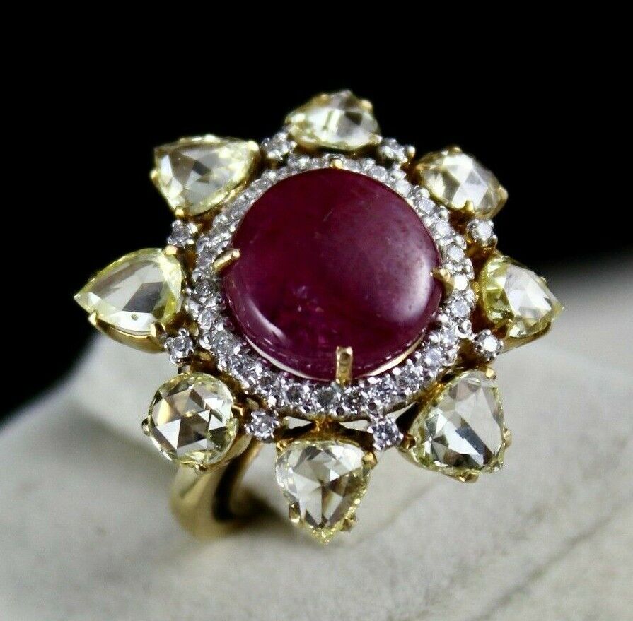 NATURAL UNHEATED BURMA RUBY CABOCHON YELLOW ROSE CUT DIAMOND 18K GOLD FINE RING