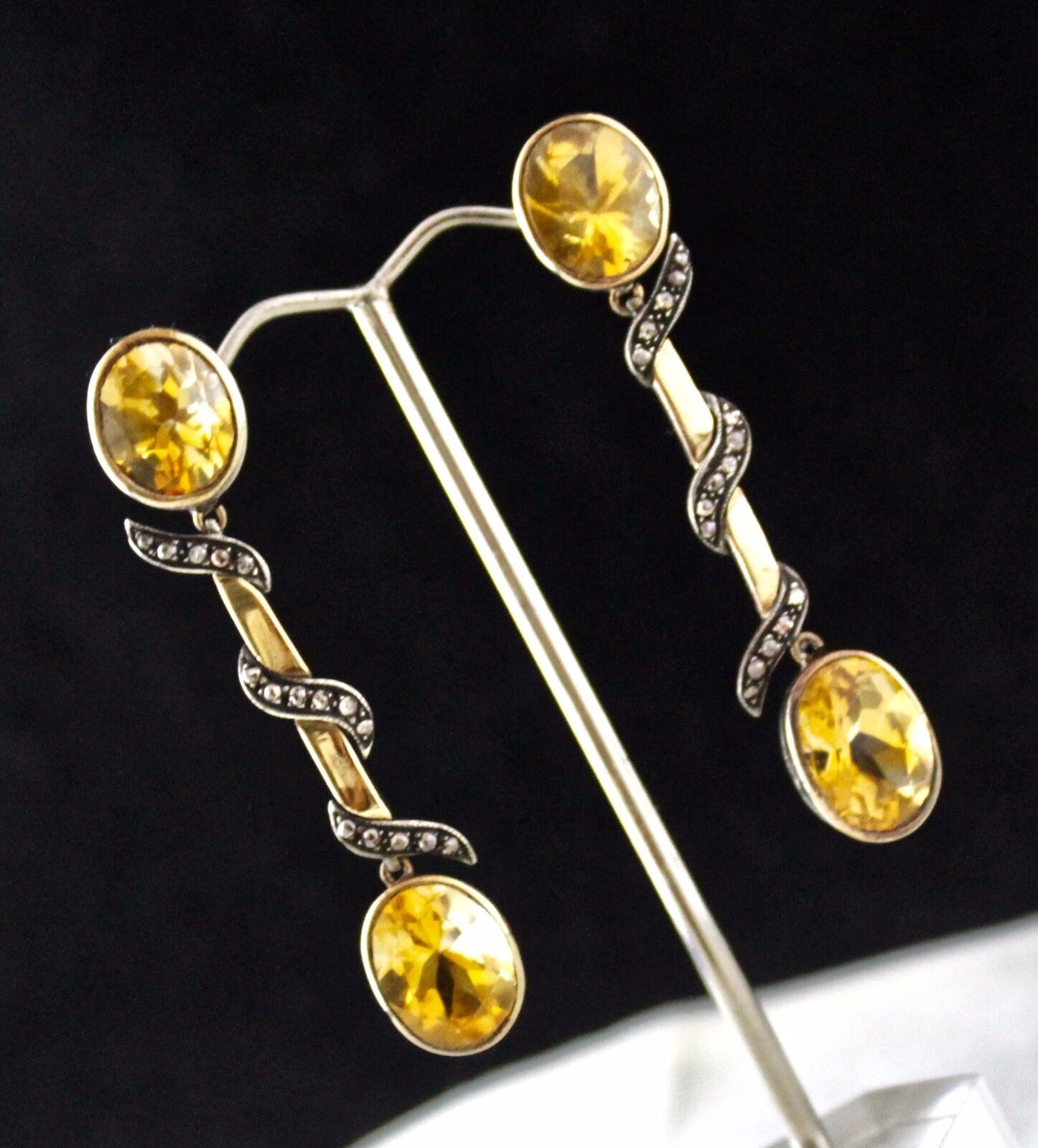 Unique Natural Yellow Citrine Oval Diamond 18K Gold 925 Silver Victorian Earring