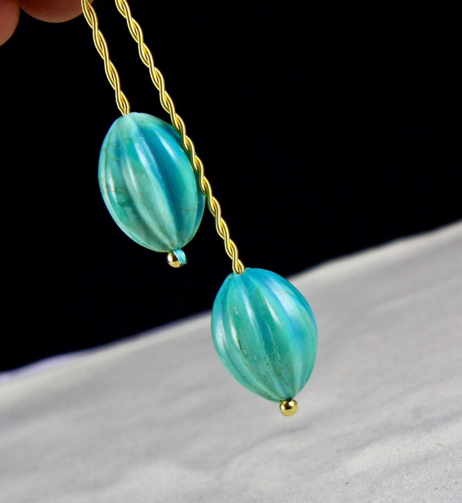 Natural Real Turquoise Beads Carved Melon Pair 94.60 Ct Gemstone For Earring