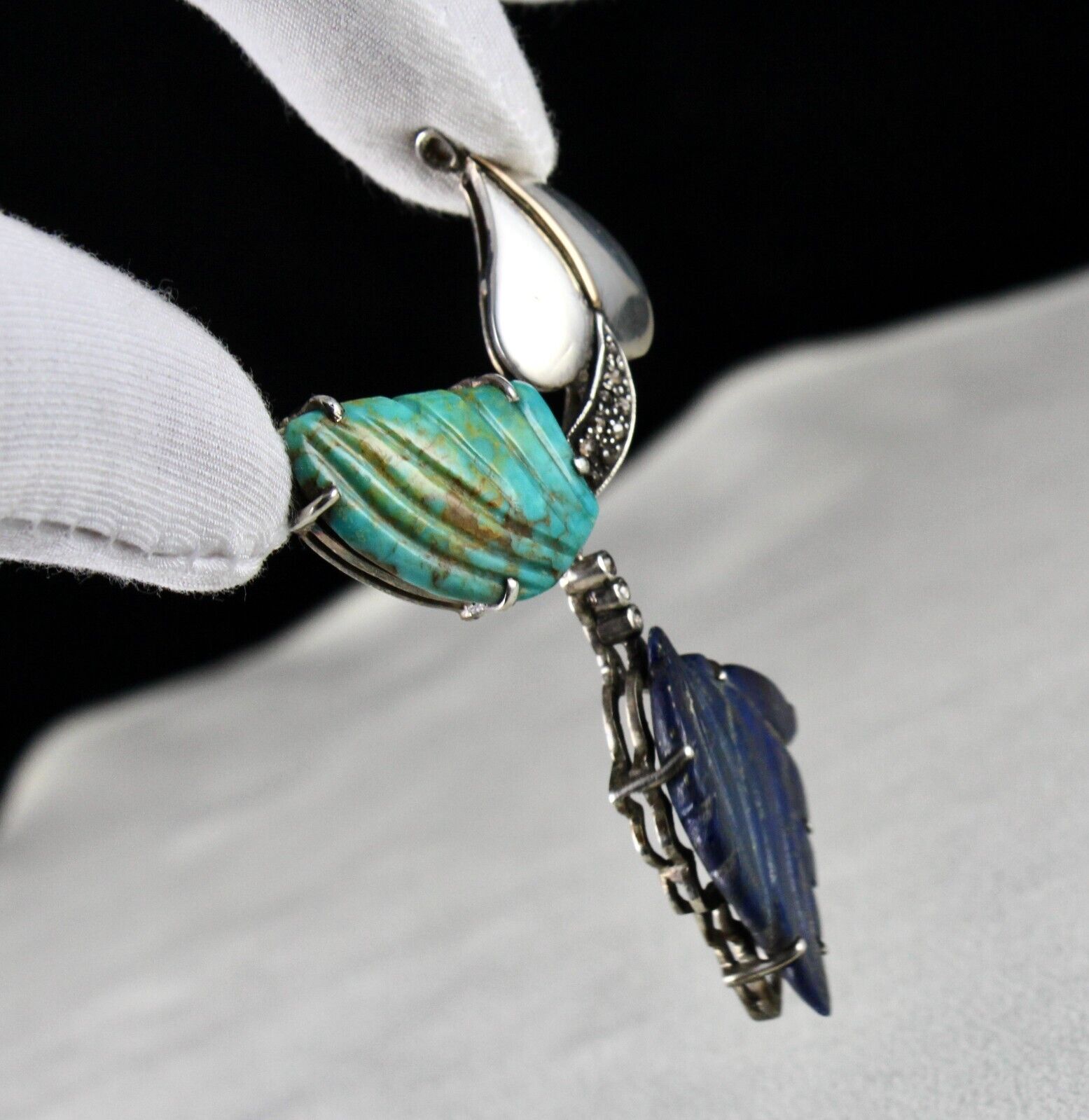 TURQUOISE LAPIS LAZULI CARVED LEAF DIAMOND VICTORIAN 925 SILVER & GOLD PENDANT
