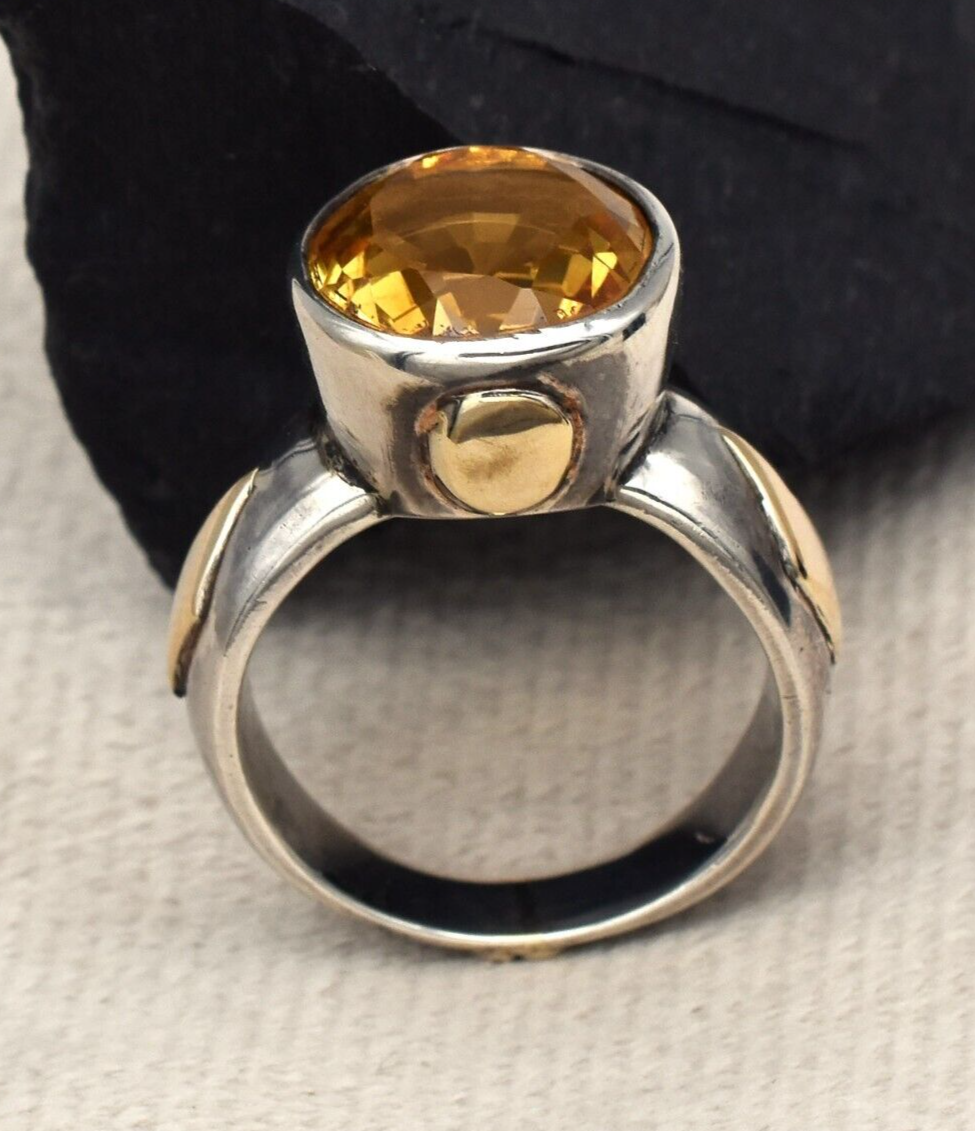 Vintage Yellow Citrine 61ct Natural Diamond 18k Gold 925 Sterling Silver Ring