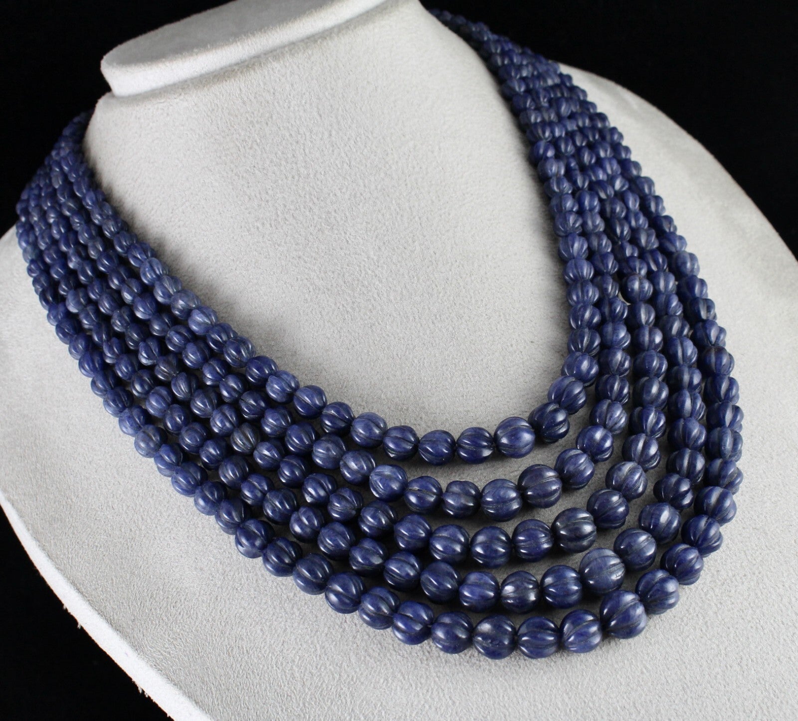 Natural Blue Jade 977 Ct Beads Carved Round Gemstone Necklace, 5 Line Fashion