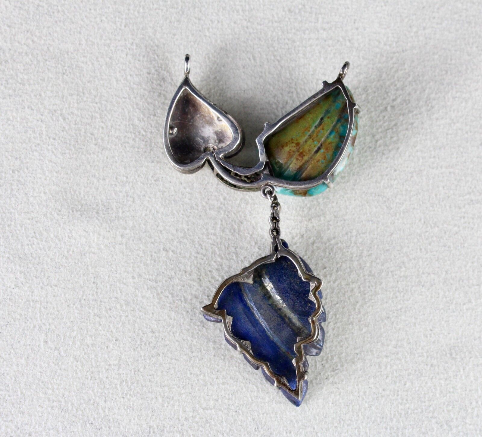 TURQUOISE LAPIS LAZULI CARVED LEAF DIAMOND VICTORIAN 925 SILVER & GOLD PENDANT