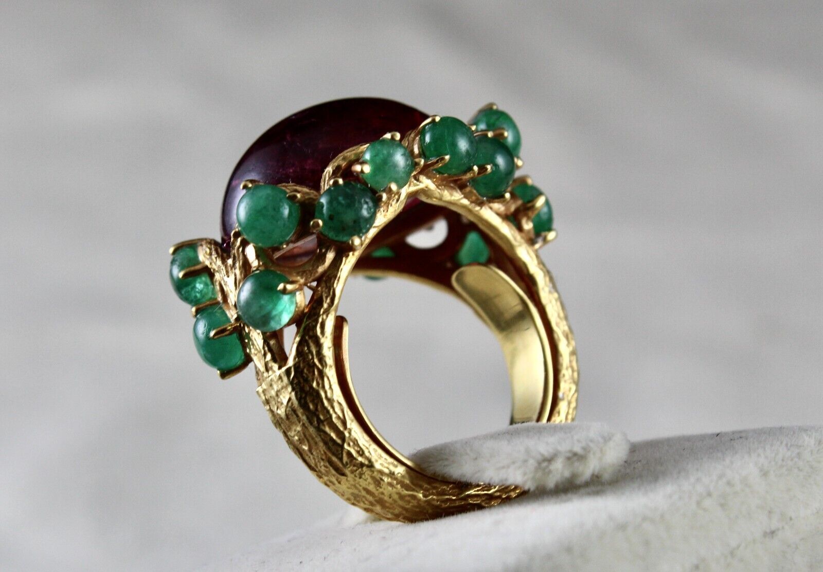 UNIQUE NATURAL PINK TOURMALINE EMERALD CABOCHON CARVED SILVER GOLD PLATED RING