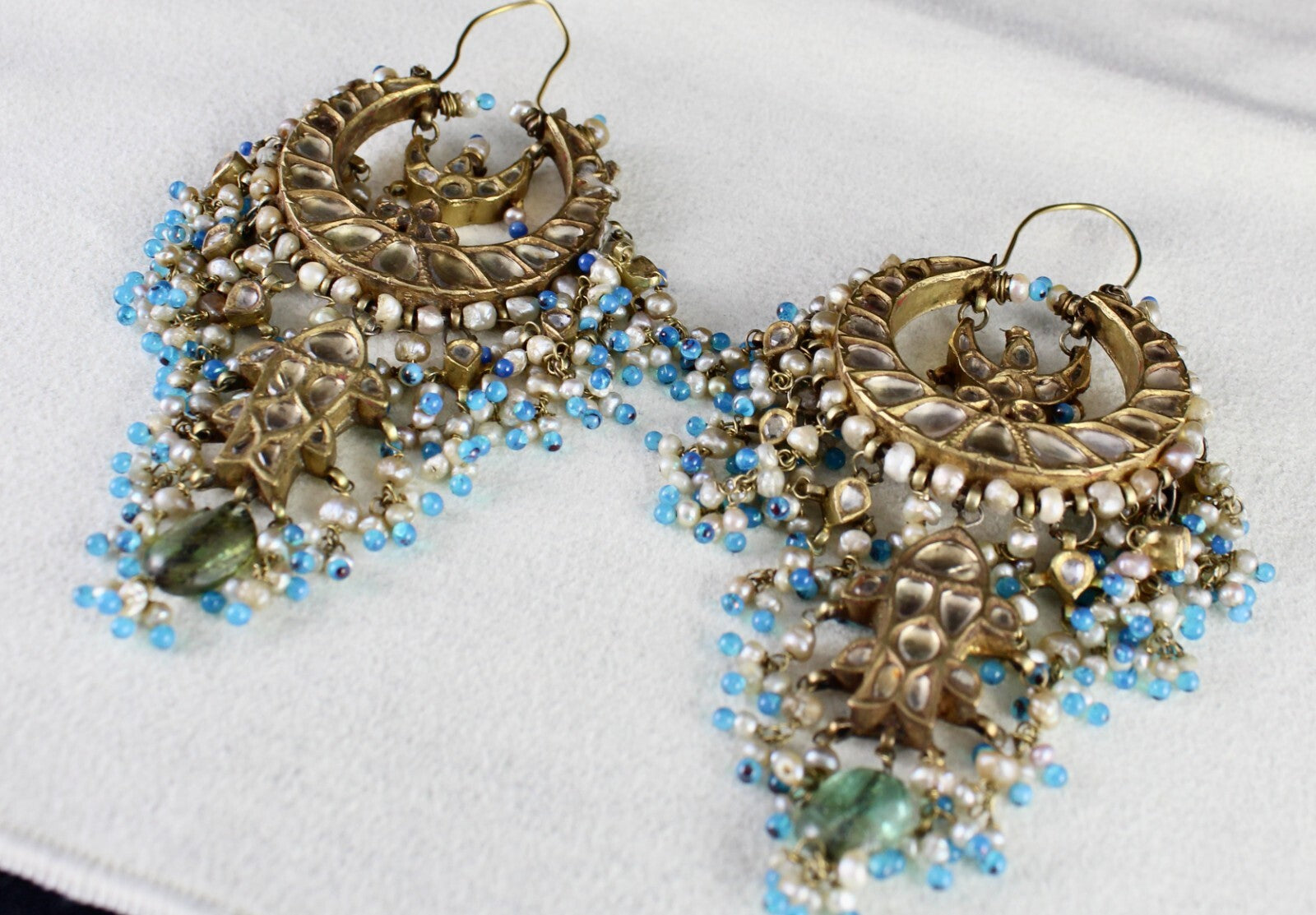 Certified Antique Jadau Chandbali Earrings 22k Gold Gemstone Pearl 10ct Dangle