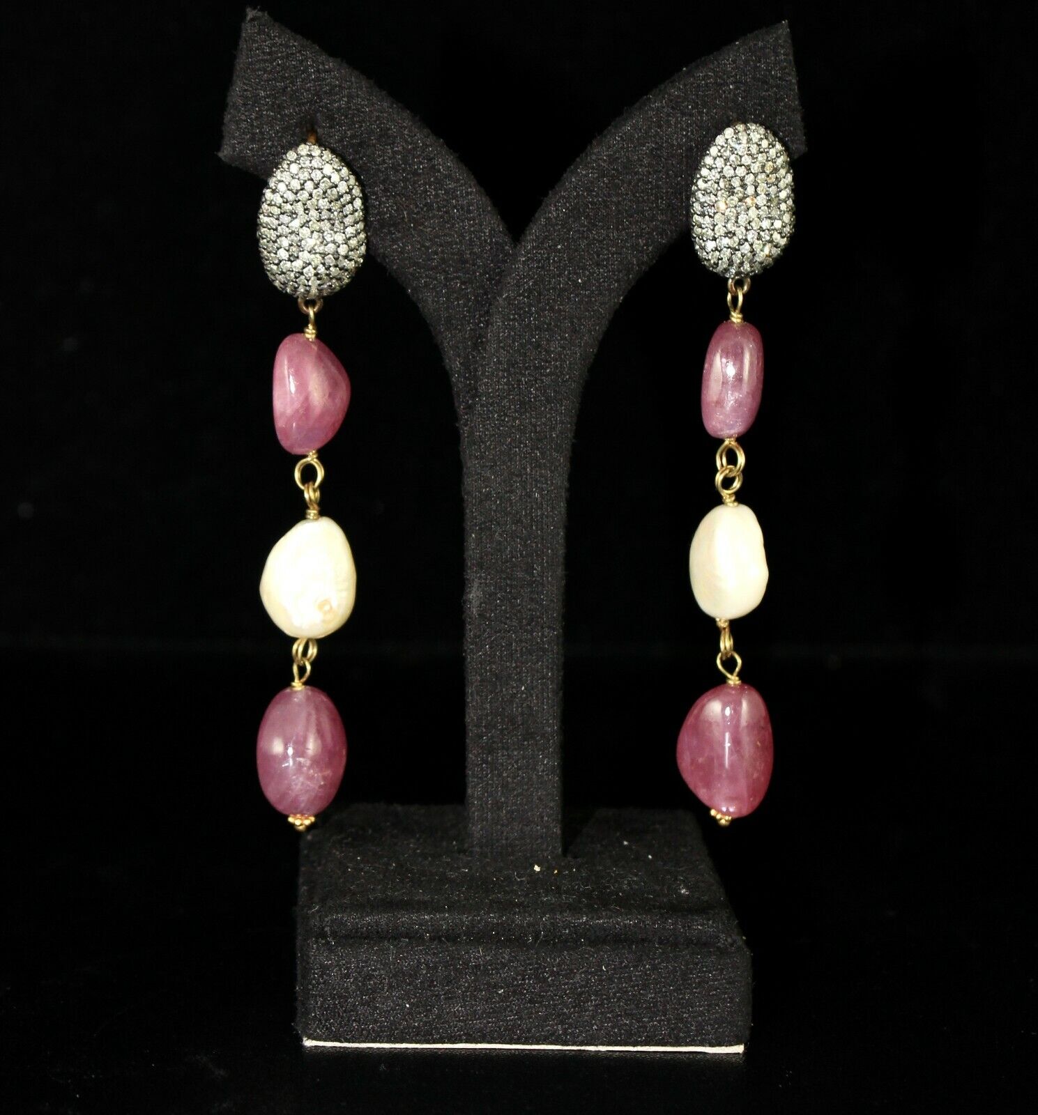 Certified Natural RUBY Nugget PEARL DIAMOND Bead Statement Necklace 18K Gold Set