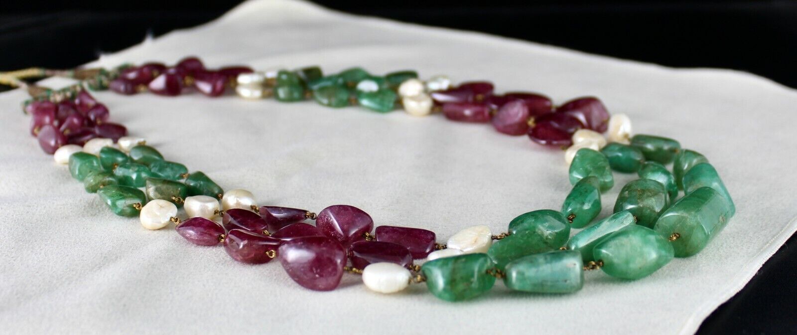 NATURAL EMERALD PINK TOURMALINE BEADS 940 CARATS PEARL 18K GOLD LADIES NECKLACE