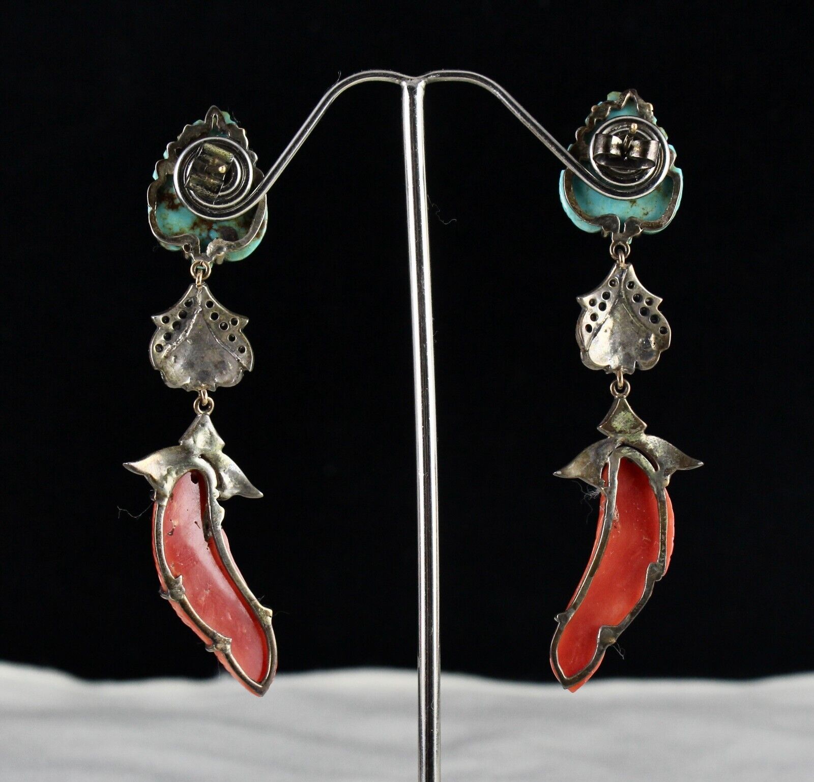 NATURAL TURQUOISE CORAL CARVED DIAMOND 18K GOLD 925 SILVER VICTORIAN EARRING