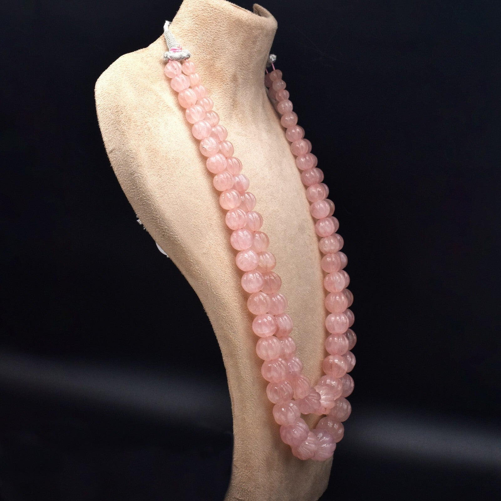 Certified Vintage Rose Quartz 1257 Ct Carved Beads Sterling Silver Necklace