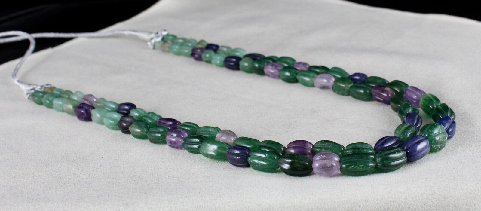 MULTI MIX CARVED SEMI-PRECIOUS BEADS 2 LINE 397 CARATS GEMSTONE FASHION NECKLACE