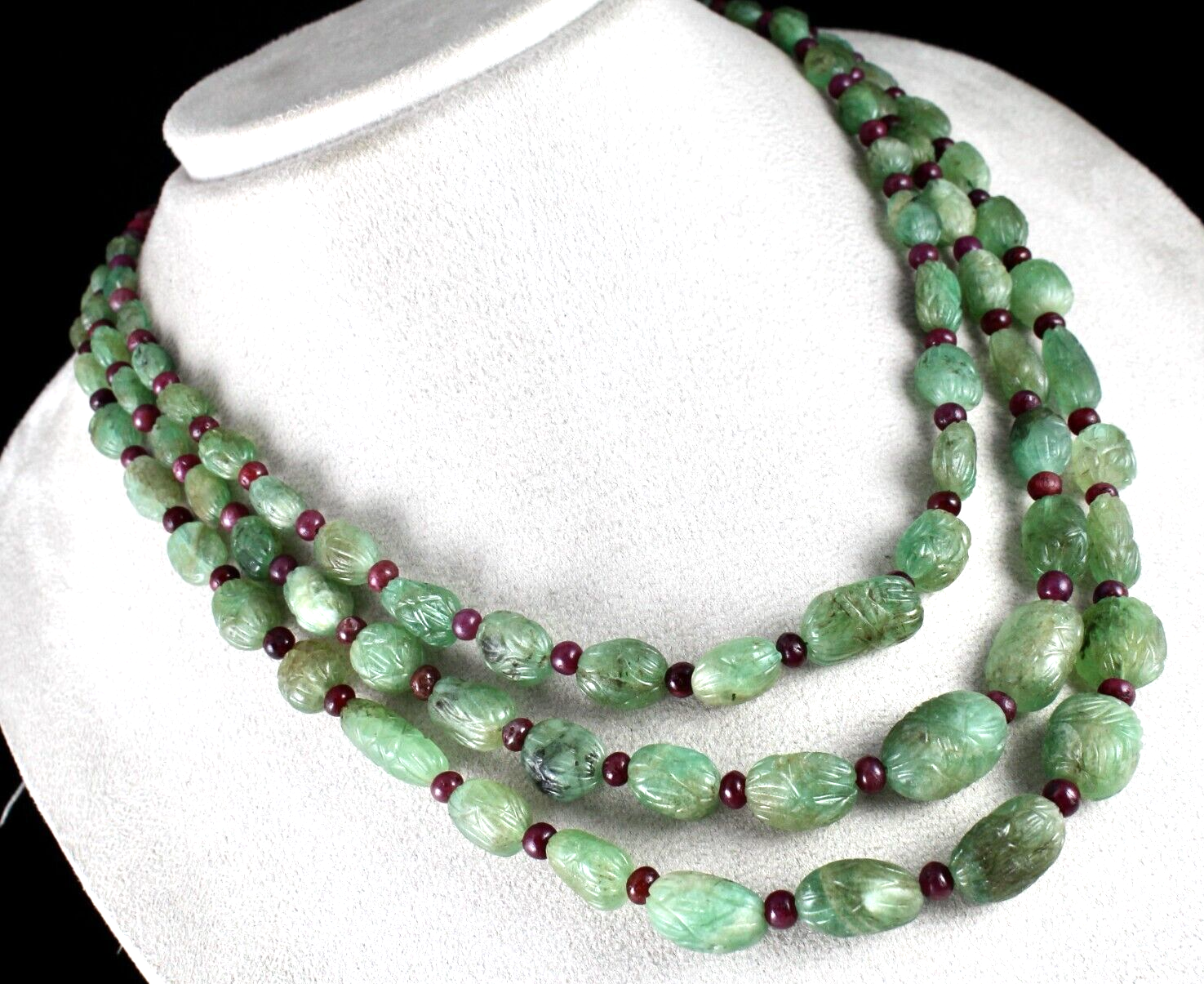 Certified Antique Natural Emerald Ruby 632 Cts Beaded Carved Drill Necklace