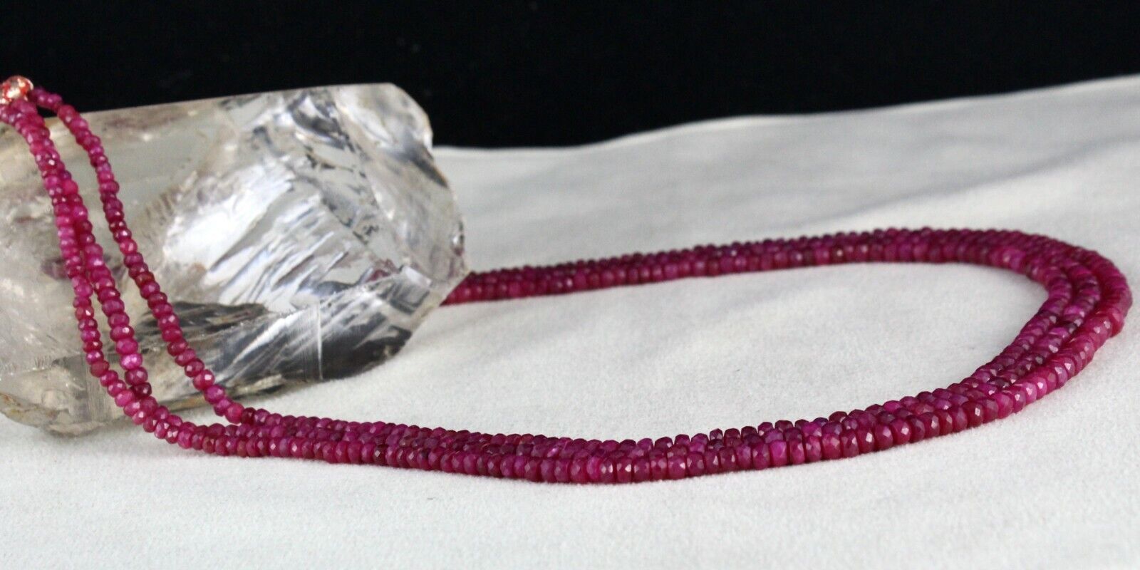 RUBY CORUNDUM BEADS LONG 3 LINE 272 CARATS OLD DYED GEMSTONE NECKLACE