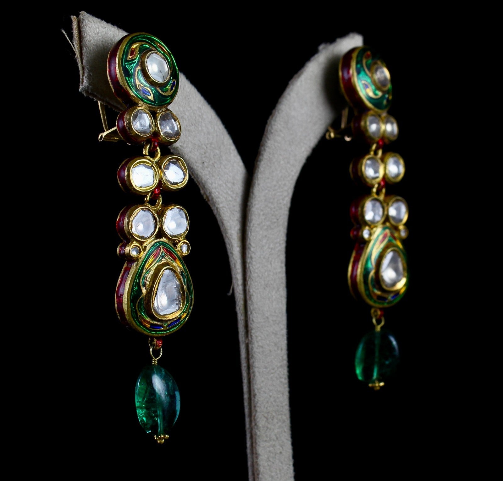 Certified Old Natural Diamond Cut Emerald 22k Gold Jadau Dangle Earrings 152.5ct