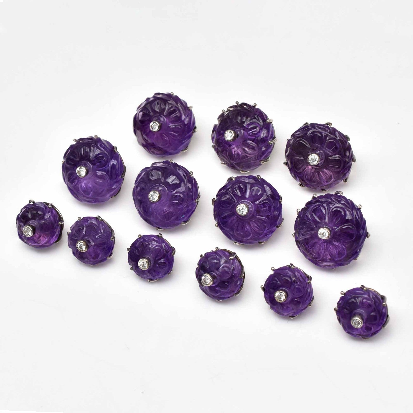 Natural Amethyst Engraved Moissanite 13Pc Silver Men Accessories Sherwani Button