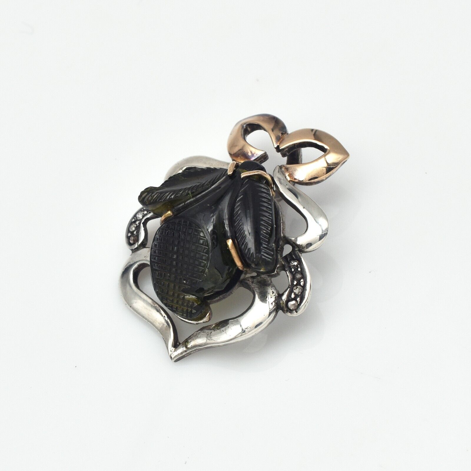 Natural Green Chrome Tourmaline Carved Diamond Silver 18K Gold Victorian Pendant