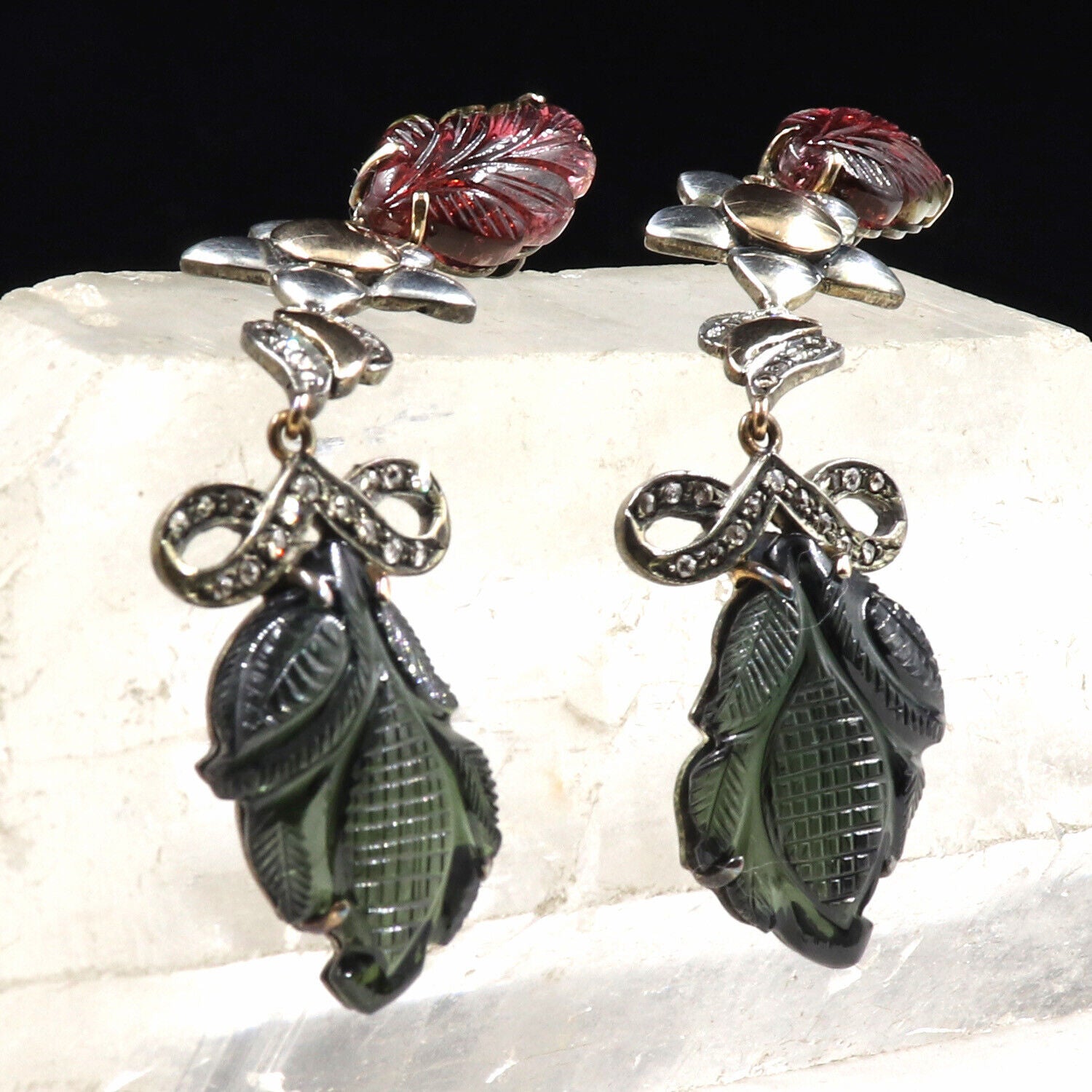 Natural Multi Tourmaline Carved Diamond 18K Gold Silver Victorian Fine Earring