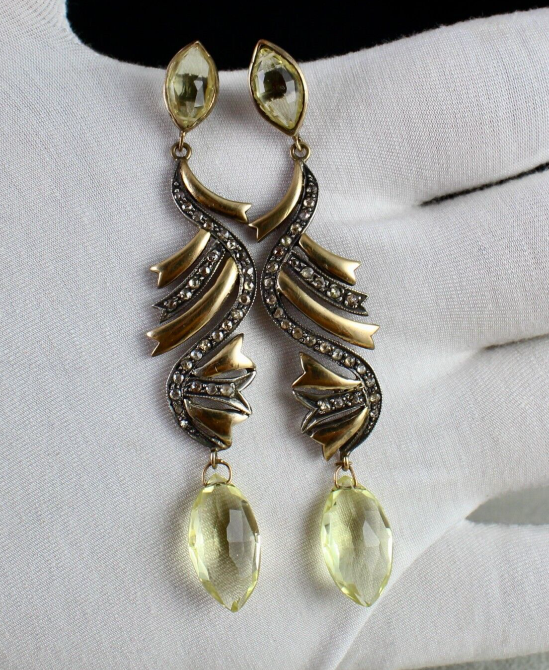NATURAL LEMON QUARTZ TEAR DROPS DIAMOND 18K GOLD 925 SILVER VICTORIAN EARRING