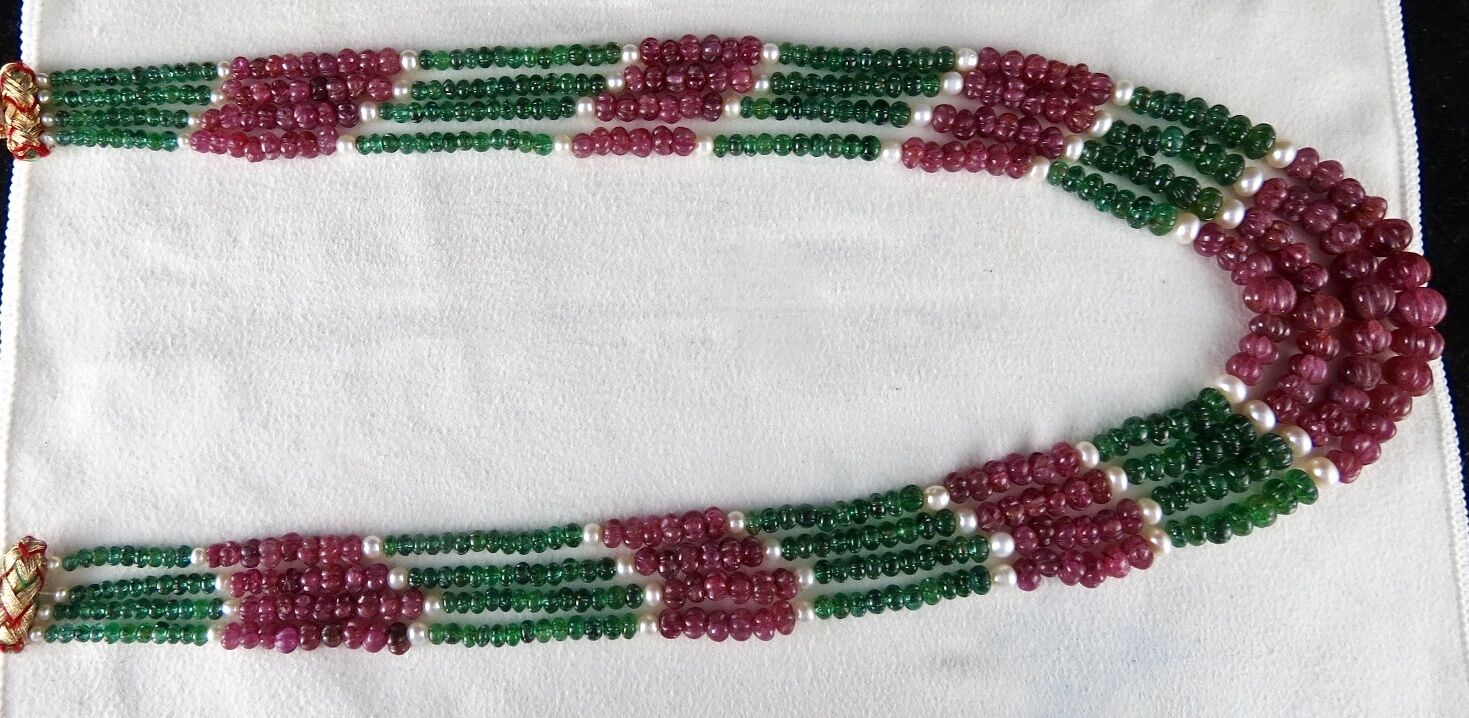 ANTIQUE NATURAL UNHEAT RUBY EMERALD MELON CARVED PEARL 368 CARATS BEADS NECKLACE