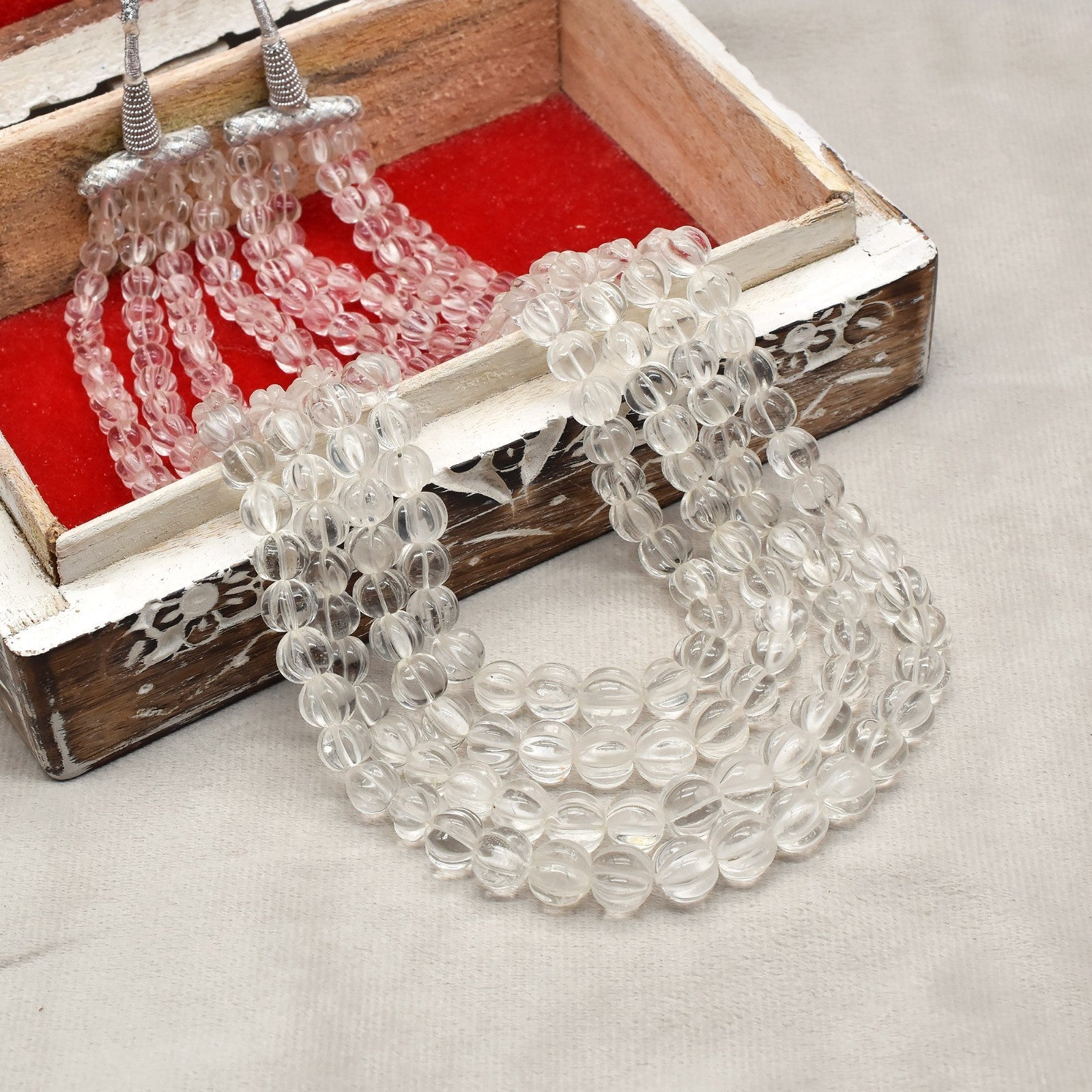 Natural Rock Crystal Quartz 1007 Ct Carved Melon Round Beads Necklace