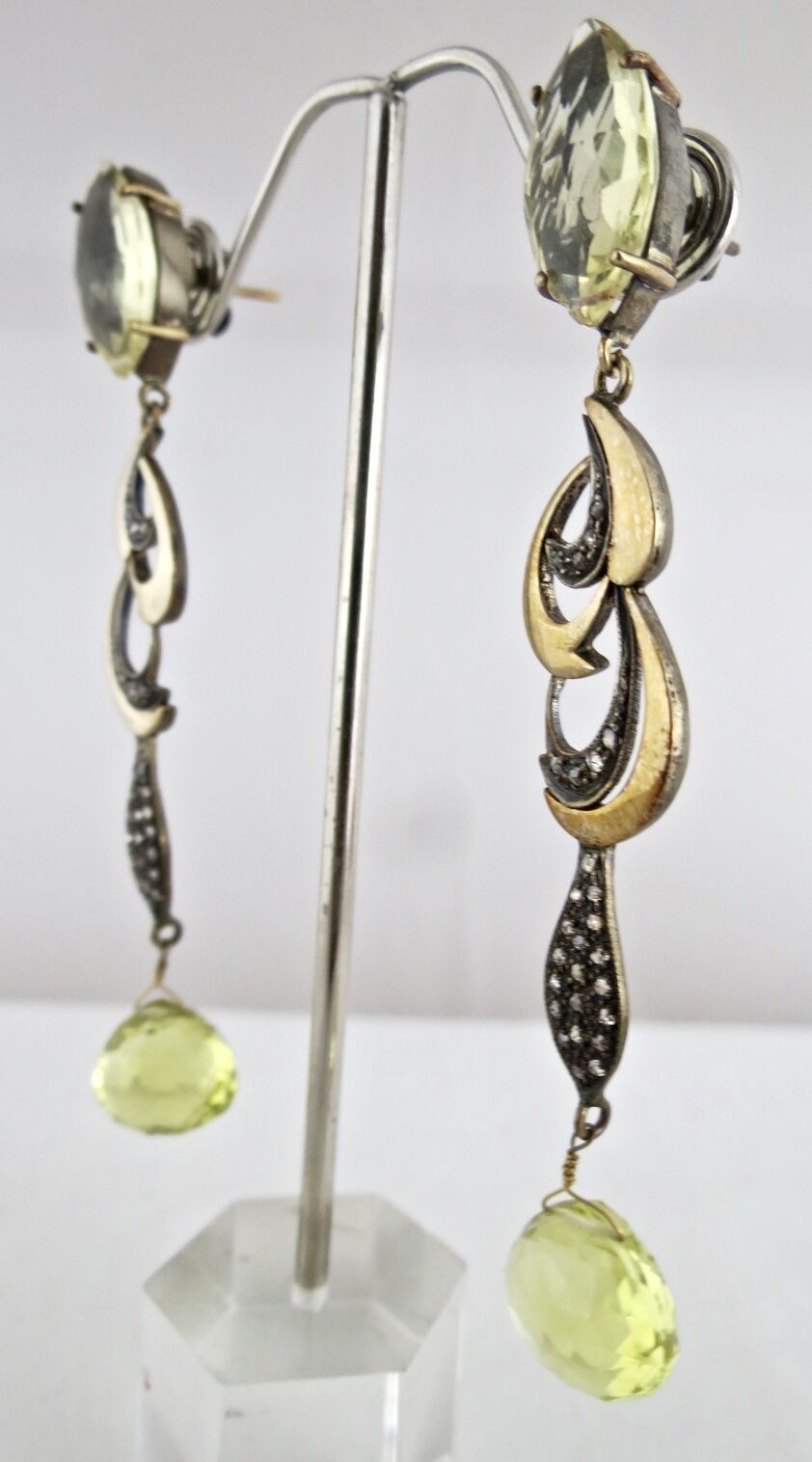 NATURAL LEMON QUARTZ TEAR DROPS DIAMOND 18K GOLD 925 SILVER VICTORIAN EARRING
